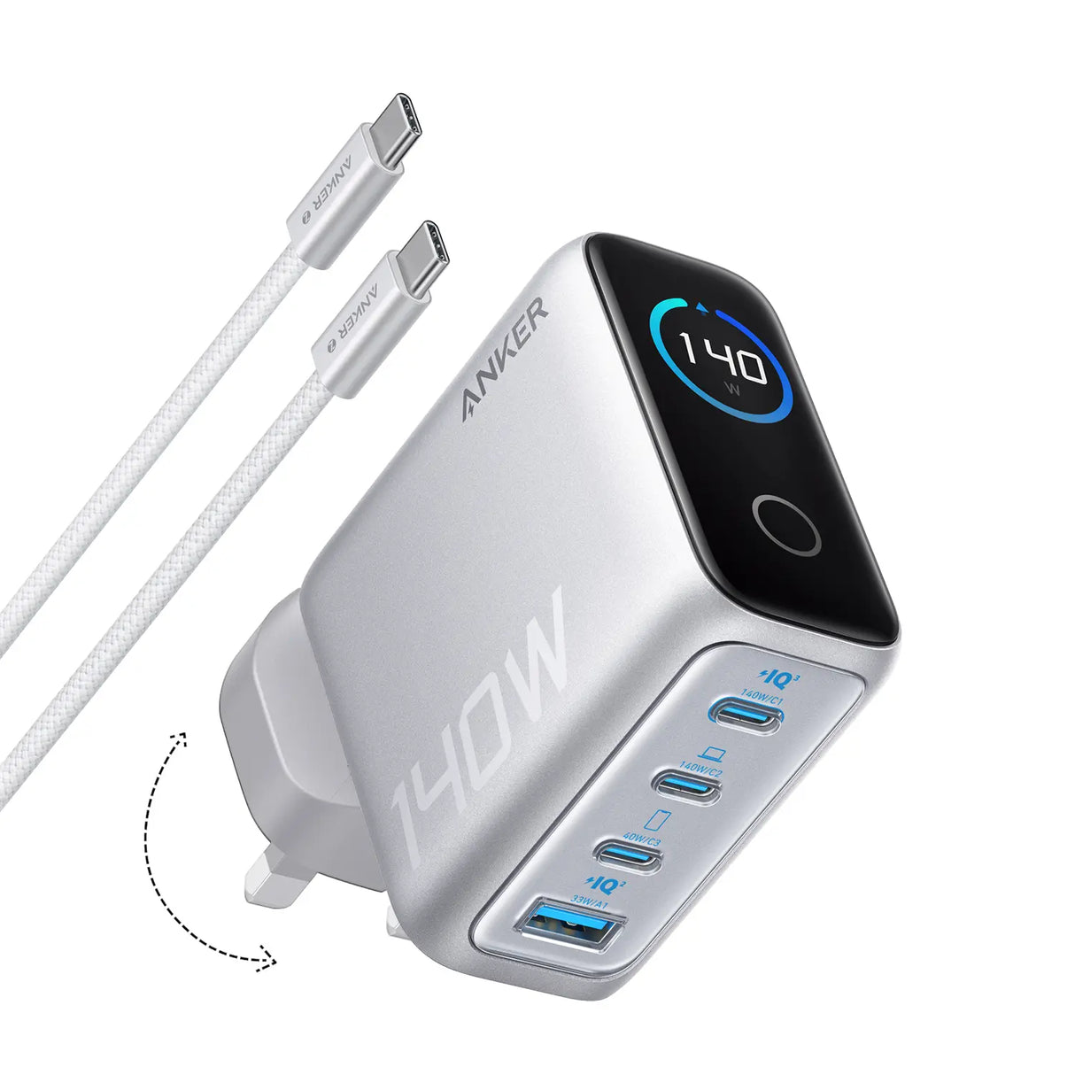 انكر شاحن B2697K41(140 واط، 4 منافذ، PD 3.1) مع كابل USB-C - فضي .