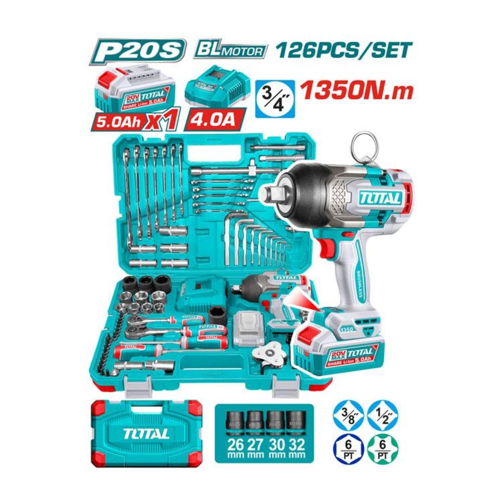 TOTAL 126 Pcs Cordless impact wrench tools set THKTHP31262