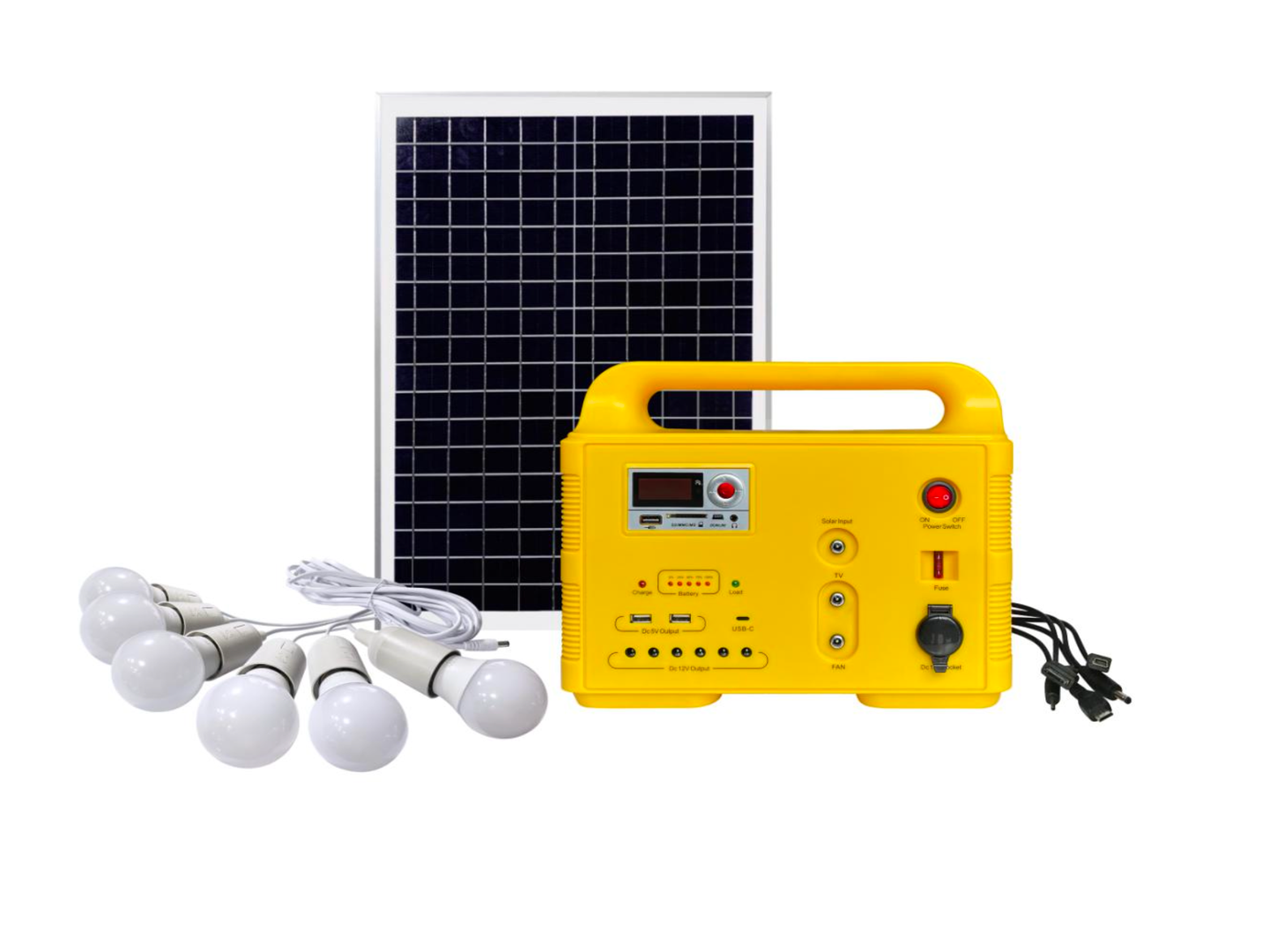 Solar Panel: MONO 30W/18V with 7M cable. Battery Capacity: 17AH lead-acid battery. LED Bulb: 3W*3pcs 5w*3pcs with 4M cable. FM /Radio DC charger