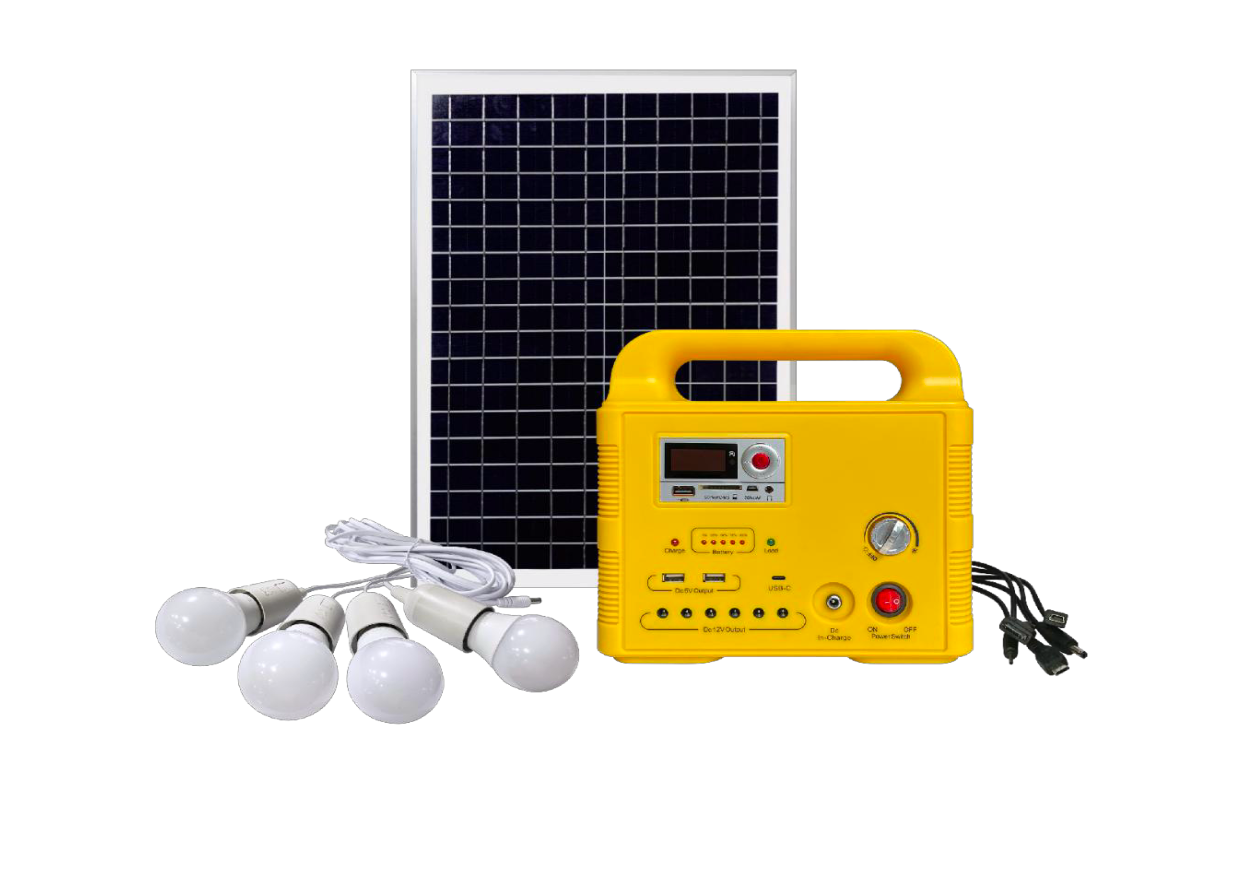 Solar Panel: MONO 20W/18V with 7M cable. Battery Capacity: 7AH lead-acid battery.LED Bulb: 3W*4pcs with 4M cable. Charging Time: 11~12Hours.FM /RadioAccessory: 1*5type mobile charger