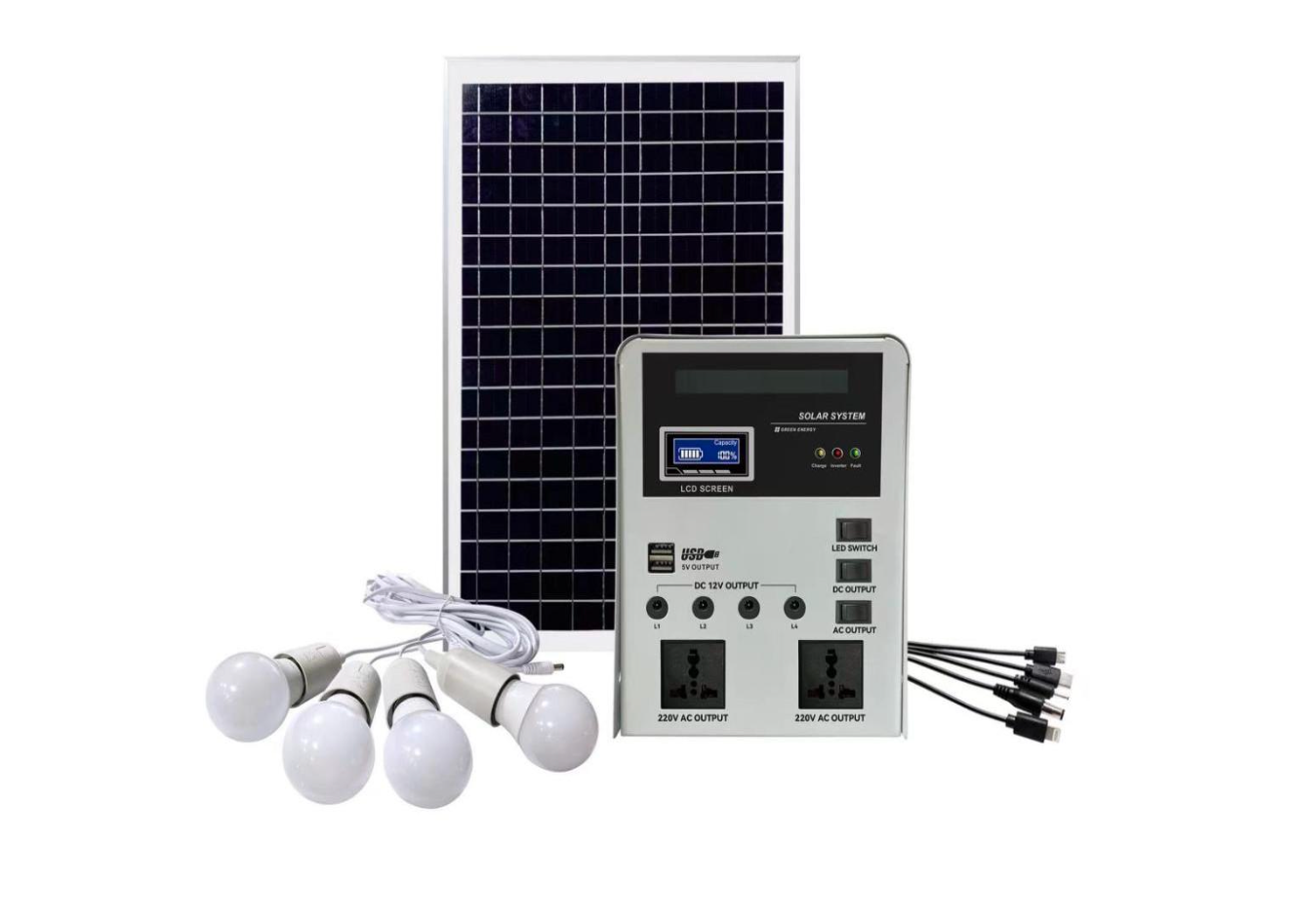 Solar Panel: Mono 30W/18V with 7M cable.Battery Capacity: 17AH Lithium battery.LED Bulb: 3W*4pcs with 4M cable. Charging Time: 11~12Hours.