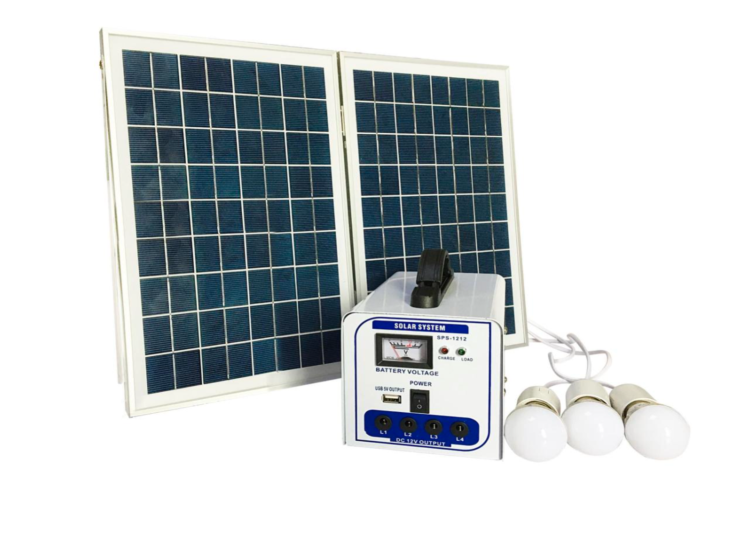 Solar panel :20w/18v with 7 meter cable Battery capacity:12AH 12V lead acid battery LED Bulb: 3w/12v*4PCS with 4 meter cableWorking time:3PCS 3w LED Bulb working 12 h